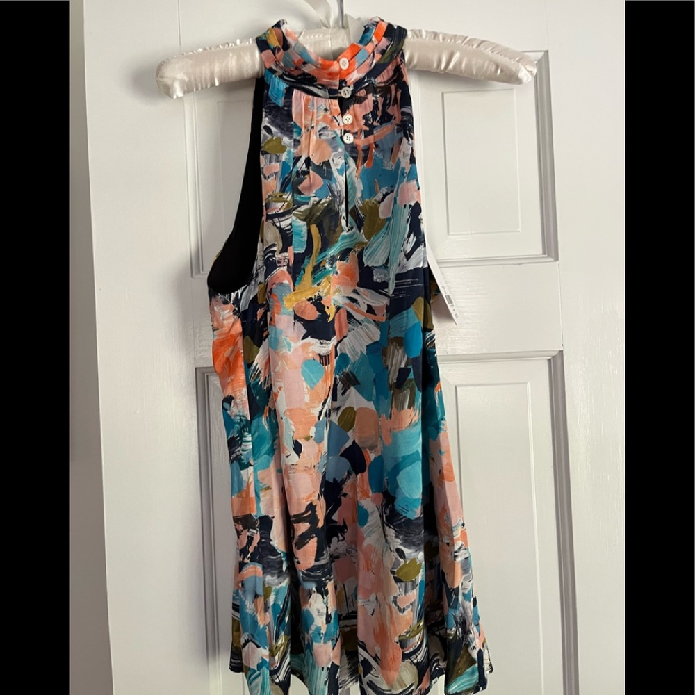 Etcetera Paint splattered oranges, greens, blues beautiful silky top-NWT